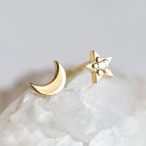Moon and star stud earrings in 14k Gold, Dainty stud earrings Asymmetrical earrings, Star earrings, moon earrings, gift for her image 2