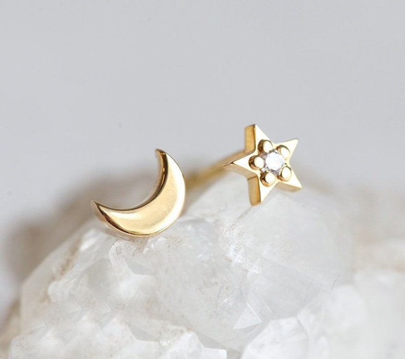 Moon and star stud earrings in 14k Gold, Dainty stud earrings Asymmetrical earrings, Star earrings, moon earrings, gift for her image 2