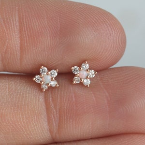 Tiny Flower Stud Earring, Diamond Earrings as Diamond Flower Earrings, Opal Diamond Stud Earrings in 14k Rose Gold image 7