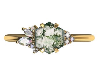 Moss Agate Engagement Ring • Hexagon Cut • Diamond or Moissanite Accents • 14k/18k Solid Gold • Promise Ring • Minimalist Gift for Her