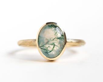 Moss Agate Solitaire • Oval Cut • Solid Gold or Platinum • Dainty Promise Ring • Everyday Fine Jewelry