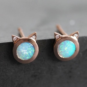 Opal Earrings, Rose Gold Earrings, Diamond Studs, Cat Studs, Stud Earrings, Gift For Girlfriend, Mom, Wife, Daughter, Girls, Jewelry