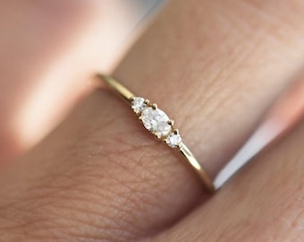 Diamond engagement ring, Oval diamond ring, Small three stone ring, Dainty petite ring
