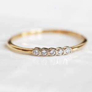 Delicate Diamond Wedding Band, Five Diamond Ring, Thin Gold Diamond Band
