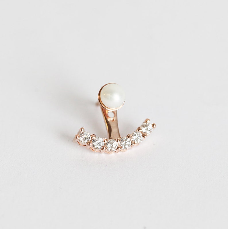 Pearl & Diamond Ear Jacket, Single Stud Earring in 14k Solid Gold, Special Stud Earrings For Women image 5