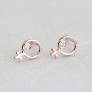 Rose Gold Diamond Female Symbol Earrings, 14k Solid Yellow, White Woman Studs, Dainty Delicate Stud, Feminist Earring, Perfect Gift For Her