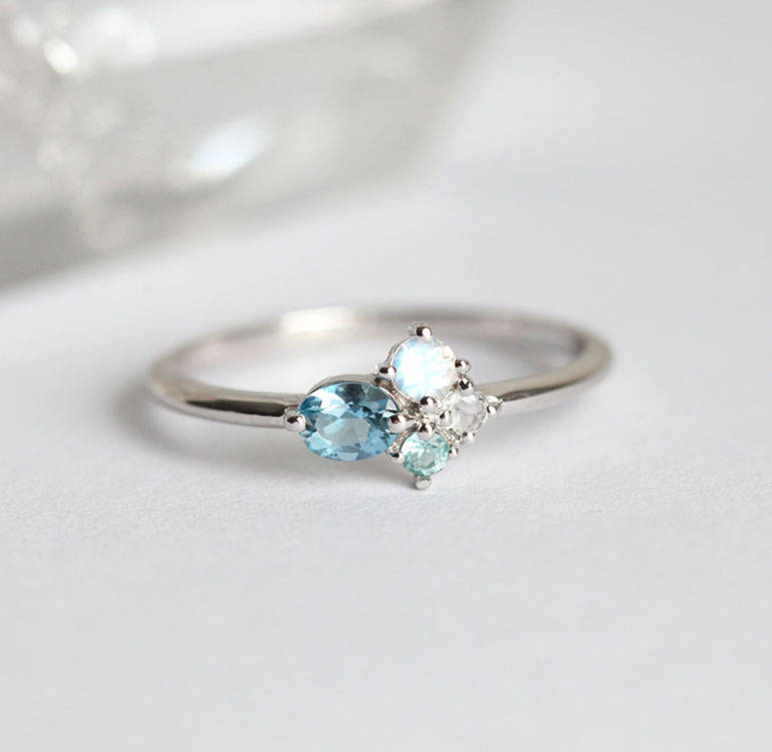 Oval Aquamarine & Moonstone Cluster Ring Modern Engagement Etsy