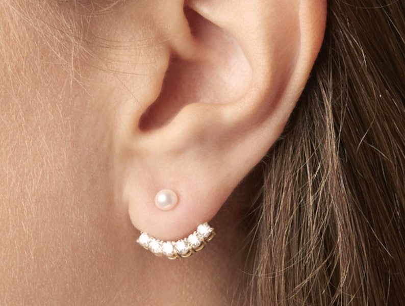 Pearl & Diamond Ear Jacket, Single Stud Earring in 14k Solid Gold, Special Stud Earrings For Women image 2