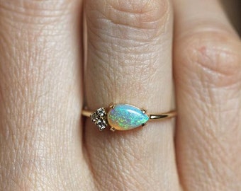 Pear Australian Opal & Diamond Gold Cluster Ring, 14k Engagement Ring, 18k Wedding Blue Genuine Opal Band, Round Diamonds, Unique And Dainty