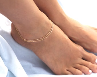 Gold ankle bracelet, Rose gold anklet, Two layered anklet, Double chain foot bracelet, Dainty silver anklet