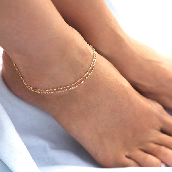 Gold ankle bracelet, Rose gold anklet, Two layered anklet, Double chain foot bracelet, Dainty silver anklet