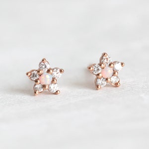 Tiny Flower Stud Earring, Diamond Earrings as Diamond Flower Earrings, Opal Diamond Stud Earrings in 14k Rose Gold image 2