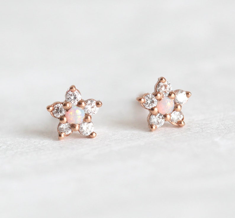 Tiny Flower Stud Earring, Diamond Earrings as Diamond Flower Earrings, Opal Diamond Stud Earrings in 14k Rose Gold image 2