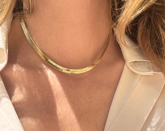Halsband med ormkedja i guld, fiskbensmönster, choker med fiskbensmönster, halsband för vardagsbruk