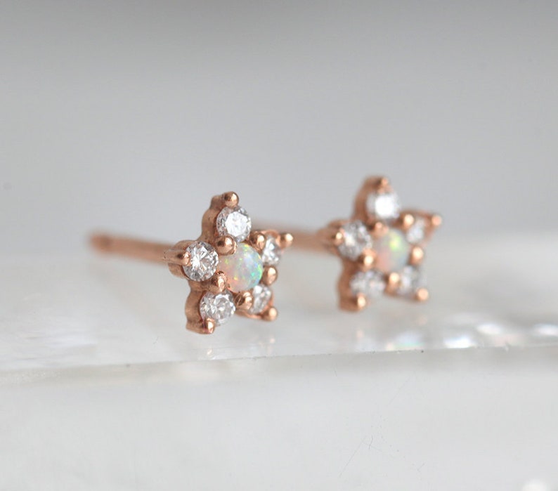 Tiny Flower Stud Earring, Diamond Earrings as Diamond Flower Earrings, Opal Diamond Stud Earrings in 14k Rose Gold image 5