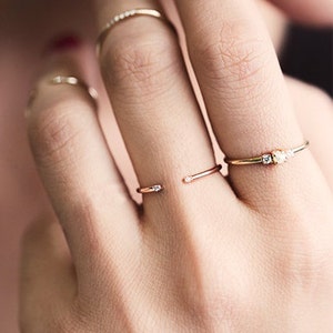 Open stacking diamond ring, Gold midi ring, Thin knuckle band, Tiny diamond ring, Simple wedding band image 2