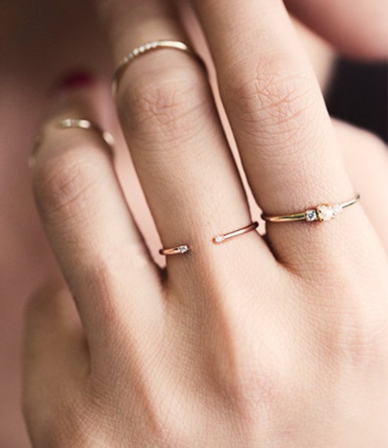 Open stacking diamond ring, Gold midi ring, Thin knuckle band, Tiny diamond ring, Simple wedding band image 2