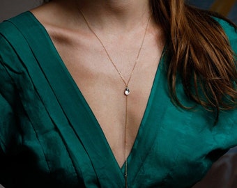Gold y necklace, Lariat gemstone necklace, Crystal bar necklace, Delicate swarovski drop necklace
