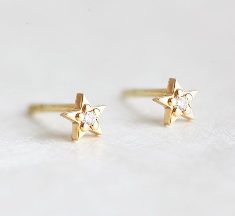 Moon and star stud earrings in 14k Gold, Dainty stud earrings Asymmetrical earrings, Star earrings, moon earrings, gift for her image 5