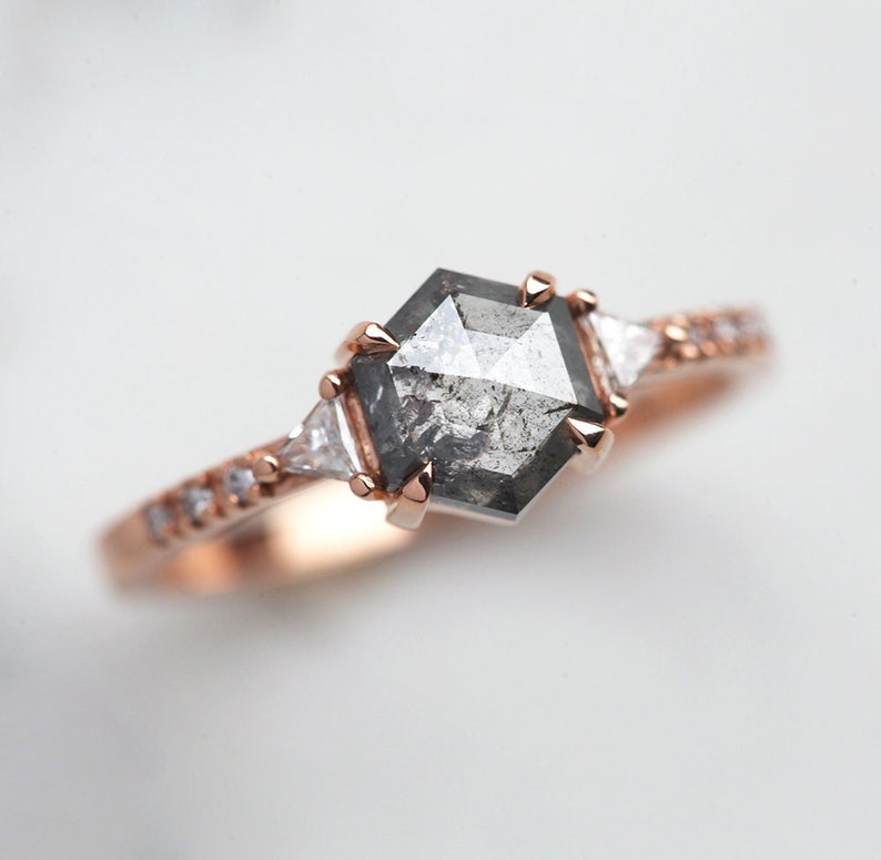 Salt & pepper diamond ring, Galaxy diamond engagement ring, Hexagon rose gold ring, Gray diamond ring image 1