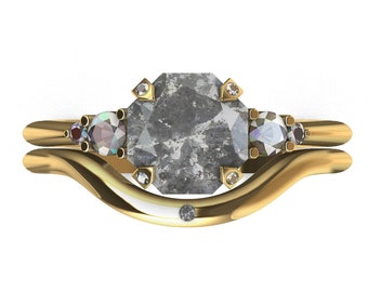 Rose Cut Octagon Diamond Ring, Gold Diamond Engagement Ring, Prong Diamond Ring, Delicate Engagement Ring Set