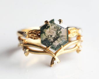 Moss Agate Engagement Ring Set • Diamond Twig Ring • Gold Leaf Bridal Set • 14k/18k Gold or Platinum • Promise Ring • Christmas Gift