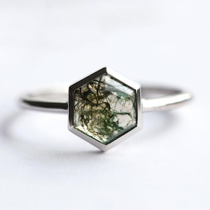 Hexagon Moss Agate Ring Solitaire, Organic gemstone ring, Unique hexagon engagement