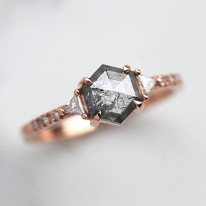 Salt and Pepper Diamond Ring • Hexagon Diamond • 14k 18k Gold or Platinum • Engagement Ring • Promise Ring