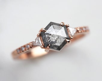 Salt and Pepper Diamond Ring • Hexagon Diamond • 14k 18k Gold or Platinum • Engagement Ring • Promise Ring