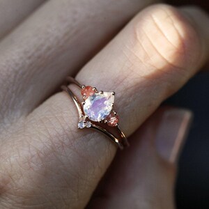 Moonstone engagement ring, Sunstone ring, Pear cut stone ring, Three stone ring, Blue & orange ring image 4