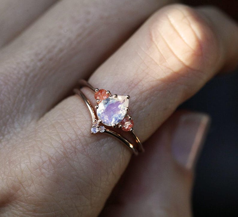 Moonstone engagement ring, Sunstone ring, Pear cut stone ring, Three stone ring, Blue & orange ring image 4