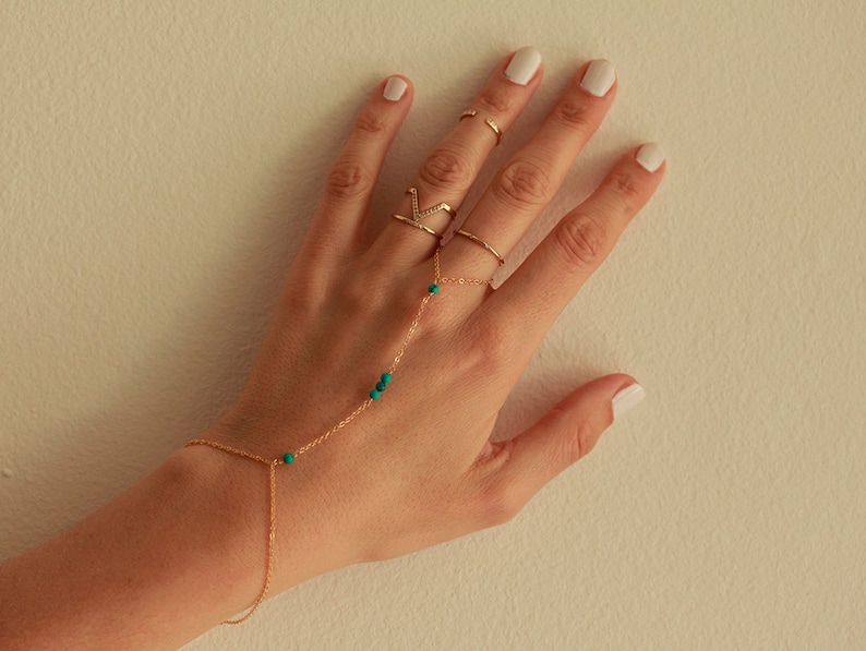 Gold slave bracelet, Turquoise finger bracelet, Silver hand chain, Gemstone finger bracelet, Boho bracelet image 4