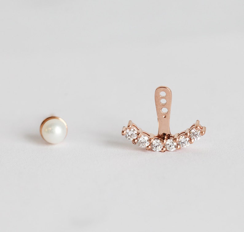 Pearl & Diamond Ear Jacket, Single Stud Earring in 14k Solid Gold, Special Stud Earrings For Women image 3