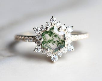 Snowflake Moss Agate Ring, Hexagon Moss agate Engagement Ring, Halo Diamond engagement Ring