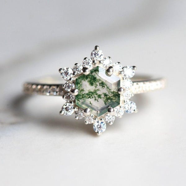 Bague agate mousse flocon de neige, bague de fiançailles agate mousse hexagonale, bague de fiançailles halo de diamants