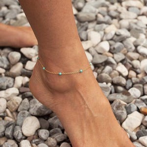 Gold turquoise anklet, Rose gold ankle bracelet, Delicate gemstone bead anklet, Simple boho anklet