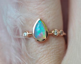 Pear Opal Ring Rose Gold, Australian Pear Saphire Engagement Ring with Rainbow Opal in 14k Rose Gold