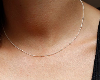 Delicate silver necklace, Thin silver chain necklace, Dainty beaded necklace, Gold layering necklace