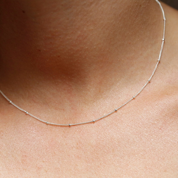 Delicate silver necklace, Thin silver chain necklace, Dainty beaded necklace, Gold layering necklace