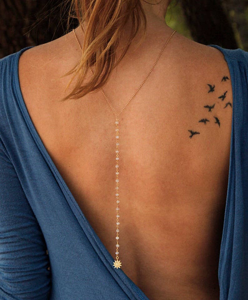 Delicate Jewelry Bridal Rose Gold Necklace Silver Lariat Necklace Dainty Back Necklaces Bridesmaid Gift Moonstone Drop Necklace