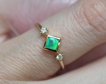 Black opal & diamond engagement ring, Princess blue green opal ring, Modern three stone wedding ring