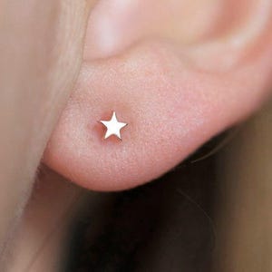 Star stud earrings, Solid gold earrings, Tiny rose gold studs, Mini & dainty celestial earrings