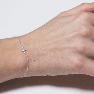 Dainty cross bracelet, Sideways cross bracelet, Tiny silver cross bracelet, Delicate gold cross bracelet