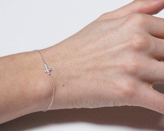 Dainty cross bracelet, Sideways cross bracelet, Tiny silver cross bracelet, Delicate gold cross bracelet