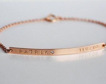 Gold bar bracelet, Rose gold date bracelet, Personalized nameplate bracelet, Dainty zirconia bracelet