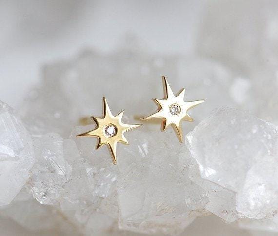 Diamond Earrings, Solid Gold Starburst Earrings, 14k Gold Star