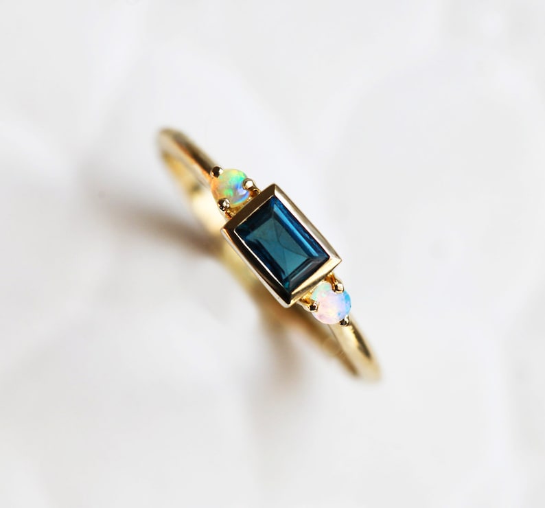 Baguette Teal Sapphire ring, Green Blue Sapphire Ring, Teal Engagement ring, Three stone engagement ring with side australian opals image 1