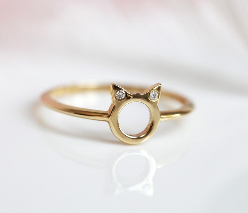 14k Gold Cat Ring Diamond Kitty Ring Delicate Gold Ring | Etsy