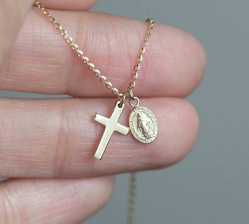 Virgin Mary Necklace Cross 14k Gold Silver Rose Charm Religious Jewelry Gift Solid