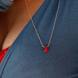 Gold ruby necklace, Red birthstone necklace, Simple rose gold necklace, Dainty gemstone necklace